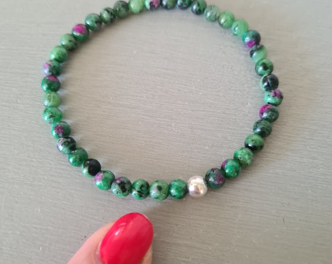 Ruby Zoisite stretch Bracelet Sterling Silver or Gold Fill Bracelet tiny 4mm green small Beaded gemstone bracelet healing Chakra jewellery