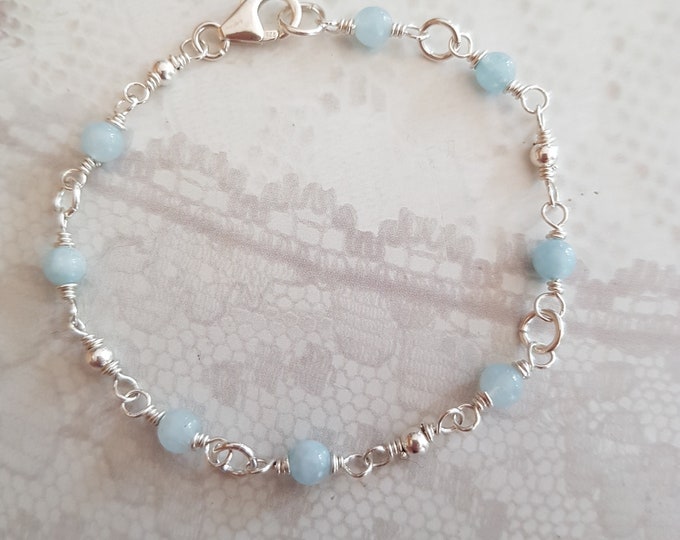 Tiny AQUAMARINE Bracelet Sterling Silver 4mm blue gemstone Bead Bracelet wire wrapped real Aquamarine March Birthstone jewellery gift chakra