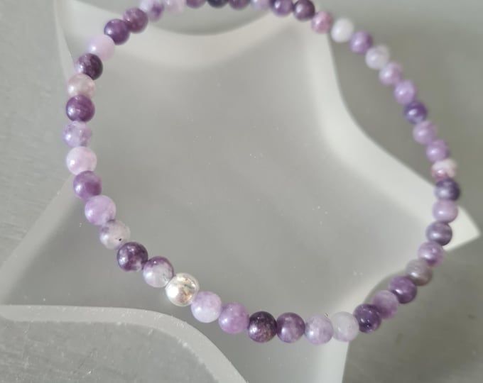 Purple Lepidolite stretch Bracelet with Sterling Silver or 14K Gold Fill bead - THIRD EYE Crown Chakra jewellery gift - Emotional Balance