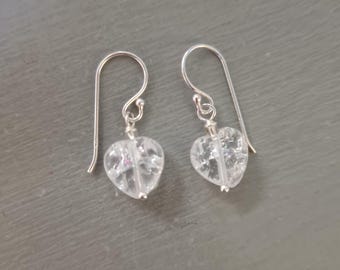 Tiny Clear Quartz heart earrings Sterling Silver Gold Fill crackled Rock Crystal Quartz earrings April Birthstone jewellery gift girlfriend
