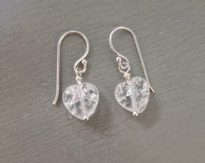 Tiny Clear Quartz heart earrings Sterling Silver Gold Fill crackled Rock Crystal Quartz earrings April Birthstone jewellery gift girlfriend