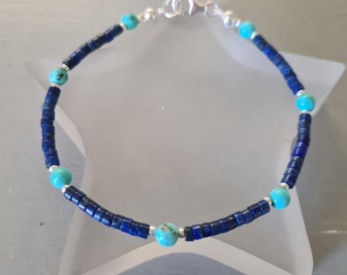 Tiny Lapis and Turquoise bracelet Sterling Silver Gold Blue gemstone bead necklace Lapis Lazuli September & December Birthstone jewelry gift
