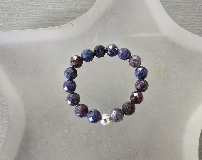 Real Sapphire stretch ring Sterling Silver or Gold Fill tiny raw faceted blue gemstone bead Bracelet September Birthstone jewellery gift her