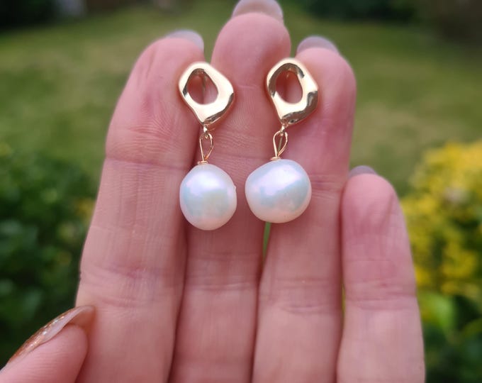 White Baroque pearl earrings on Gold Fill studs real large white Freshwater pearl drop earrings - June Birthstone jewellery gift for her mum