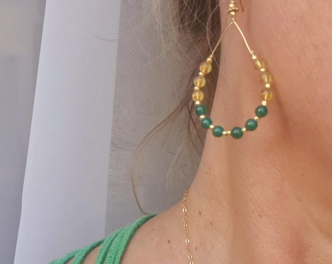 Citrine and green Onyx earrings 18K Gold Fill or Sterling Silver hoops yellow and green gemstone bead earrings summer hoop earrings gift