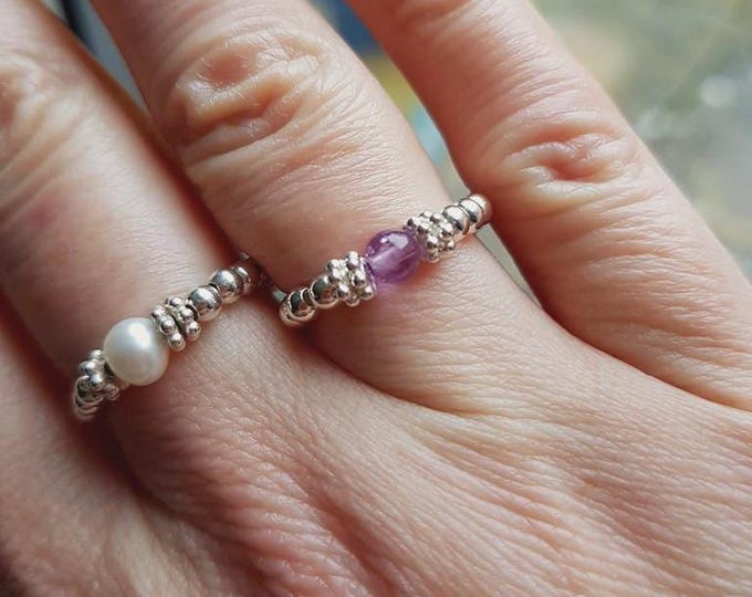 Amethyst Sterling Silver stretch ring purple gemstone bead ring stacking ring February Birthstone jewellery gift Healing Chakra jewellery