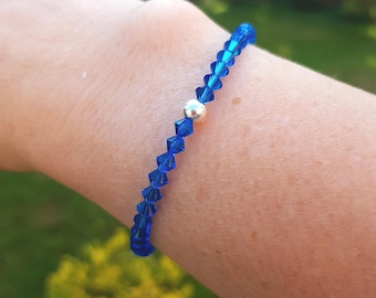Cobalt Blue crystal stretch bracelet Sterling Silver or Gold fill tiny 4mm Capri blue bead bracelet arthritis beaded jewellery gift for her