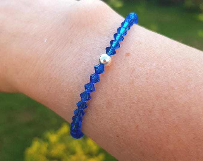 Cobalt Blue crystal stretch bracelet Sterling Silver or Gold fill tiny 4mm Capri blue bead bracelet arthritis beaded jewellery gift for her