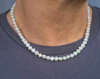 Freshwater Pearl necklace for men 7mm - real White, Silver grey or Black Baroque pearl necklace for him men's June Birthstone jewellery gift