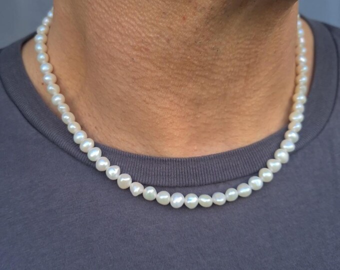Freshwater Pearl necklace for men 7mm - real White, Silver grey or Black Baroque pearl necklace for him men's June Birthstone jewellery gift