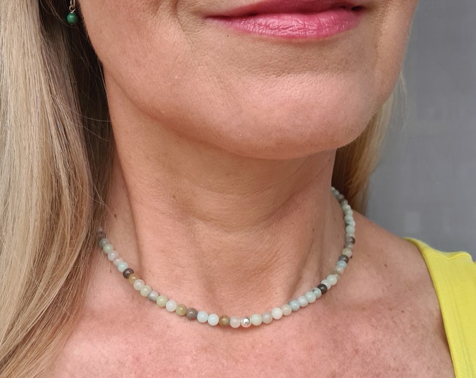 Amazonite choker necklace Sterling Silver or Gold Fill green Amazonite beaded gemstone necklace  Chakra Healing jewellery gift