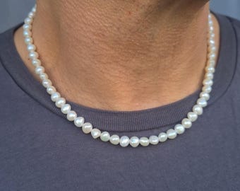Freshwater Pearl necklace for men 7mm white Baroque pearl necklace for him real pearl June Birthstone men's jewellery gift boy friend