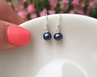Tiny blue black Freshwater pearl earrings Sterling Silver or 14K Gold Fill small Peacock pearl drop earrings real pearl jewellery gift mum
