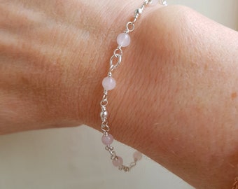 Tiny ROSE QUARTZ Bracelet Sterling Silver 4mm pink gemstone Bead Bracelet beaded Rosary wire wrap January Birthstone jewelry Heart Chakra