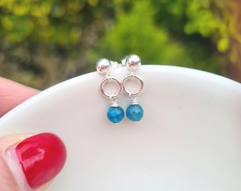 Tiny Blue Apatite earrings Sterling Silver or Gold Fill studs blue gemstone bead drop earrings throat Chakra jewellery gift for her girl mum