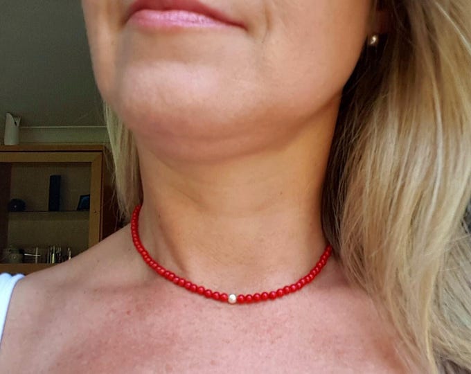 Red Coral choker necklace Sterling Silver or Gold Fill - Base Chakra jewelry - 35th wedding anniversary gift for wife - Yoga lover gift