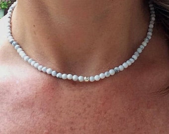 White Howlite beaded necklace choker with Sterling Silver or Gold Fill  accent bead - White Chakra necklace gift for her or him