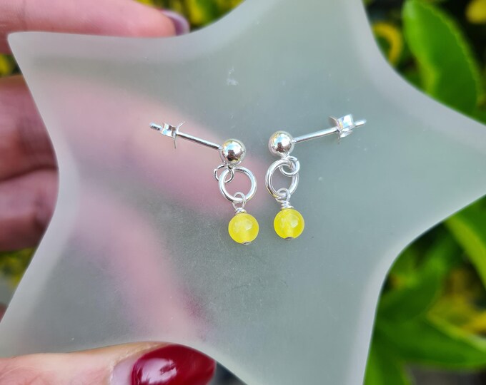 Tiny Yellow Jade earrings Sterling Silver stud or Gold Fill small bright Yellow gemstone bead drop earrings Chakra healing jewellery gift