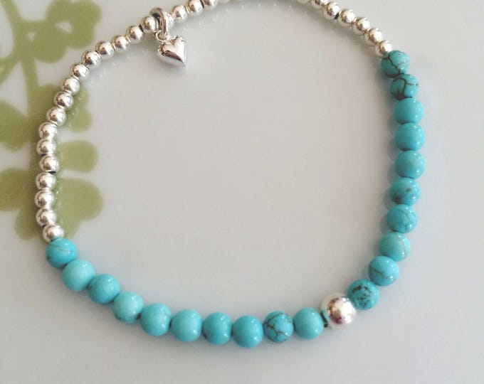 Sterling Silver Turquoise STRETCH bracelet with heart - December Birthstone jewellery gift for her - 11th wedding anniversary gift for wife