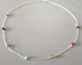 Tiny 7 chakra necklace choker Sterling Silver 4mm wire wrapped RAINBOW multi gemstone bead necklace Yoga Chakra jewellery gift for her girl
