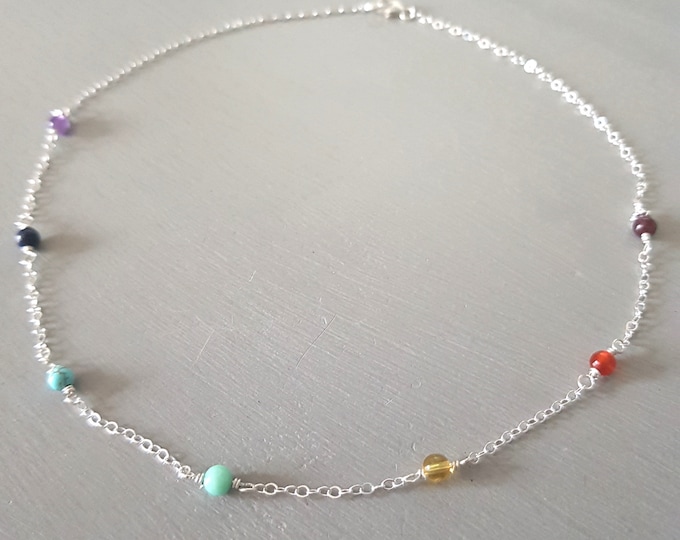 Tiny 7 chakra necklace choker Sterling Silver 4mm wire wrapped RAINBOW multi gemstone bead necklace Yoga Chakra jewellery gift for her girl