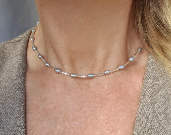Freshwater Pearl choker necklace Sterling Silver real Grey or White pearl necklace choker June Birthstone jewellery gift anniversary