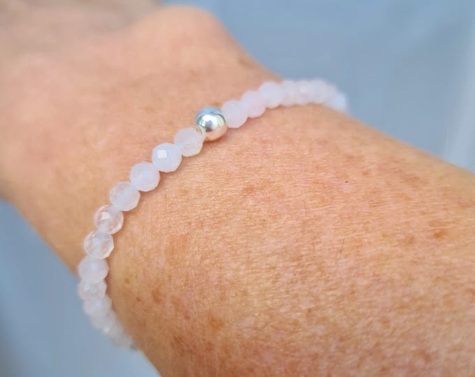 Tiny Rose Quartz STRETCH Bracelet Sterling Silver or Gold 4mm faceted pink Quartz GEMSTONE bead Bracelet January Birthstone jewelry gift her