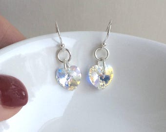 AB Swarovski crystal heart earrings on Sterling Silver or 14K Gold Fill fastenings of choice - Crystal heart jewellery gift for her mum girl