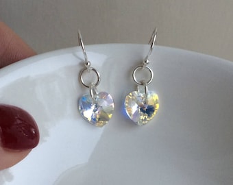 Small AB crystal heart earrings on Sterling Silver or 14K Gold Fill hooks ball studs or leverbacks gift for teenage  girl mum sister