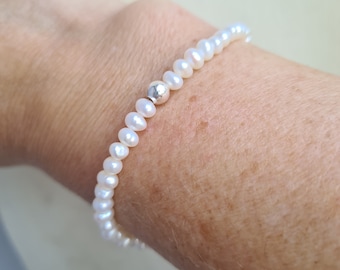 Tiny Freshwater Pearl STRETCH Bracelet Sterling Silver white pearl Bracelet small 4mm real seed pearl bracelet stacking pearl jewellery gift