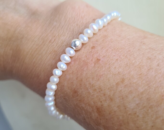 Tiny 3-4mm white Freshwater seed Pearl STRETCH Bracelet Sterling Silver or 14K Gold Fill June Birthstone jewellery gift for her him