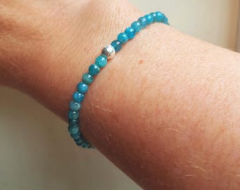 Apatite stretch Bracelet Sterling Silver Small tiny 4mm teal blue GEMSTONE bead Bracelet beaded Bracelet Chakra jewellery gift for girl