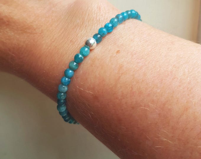 Apatite stretch Bracelet Sterling Silver Small tiny 4mm teal blue GEMSTONE bead Bracelet beaded Bracelet Chakra jewellery gift for girl