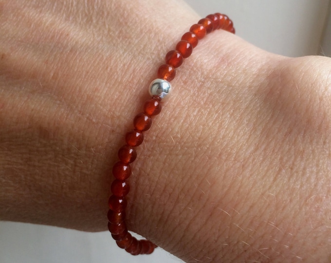 Tiny 4mm orange Carnelian gemstone bead STRETCH Bracelet with Sterling Silver or Gold Fill bead - July Birthstone Jewellery gift