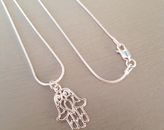 Sterling Silver Hamsa necklace pendant, Yoga necklace , Hand of Fatima necklace Spiritual healing jewellery, Protection Chakra jewelry gift