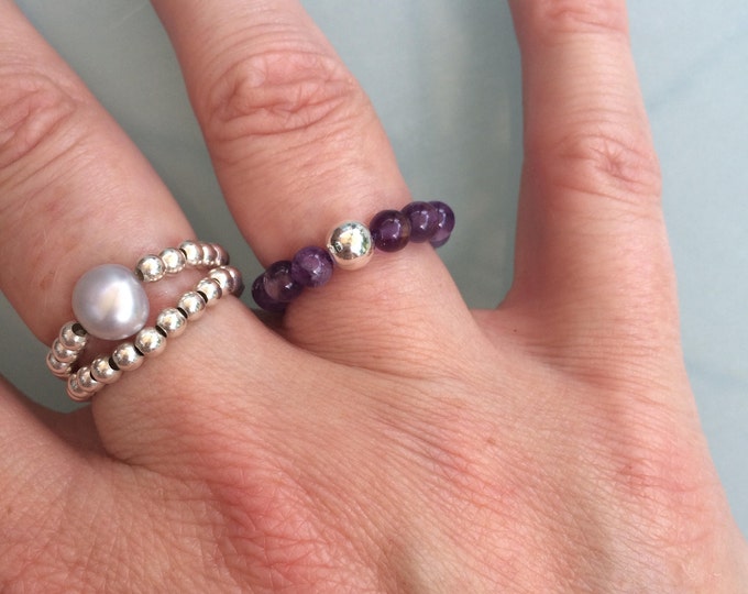 AMETHYST STRETCH ring Sterling Silver or Gold Fill beaded purple gemstone ring bead stacking February Birthstone jewellery crown CHAKRA gift