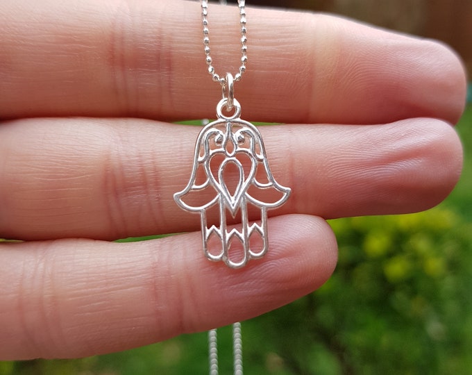 Sterling Silver Hamsa necklace pendant, Yoga necklace , Hand of Fatima necklace Spiritual healing jewellery, Protection Chakra jewelry gift