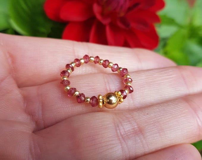 Tiny red GARNET stretch ring 14K Gold Fill or Sterling Silver Rhodolite Garnet gemstone bead ring stacking January Birthstone jewellery gift