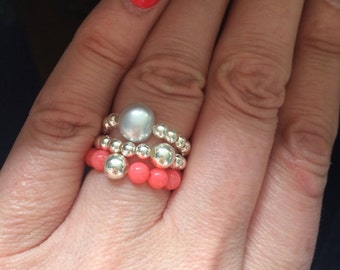 PINK CORAL Sterling Silver STRETCH ring - beaded stacking ring