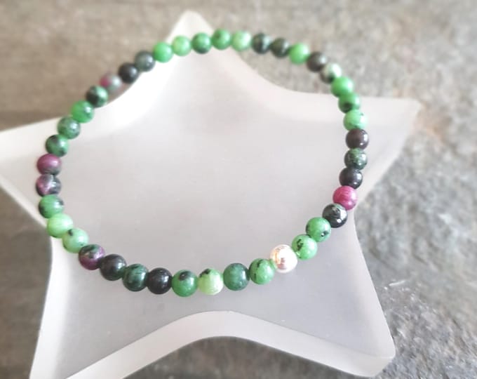 Ruby Zoisite stretch Bracelet Sterling Silver or Gold Fill Bracelet tiny 4mm green small Beaded gemstone bracelet healing Chakra jewellery