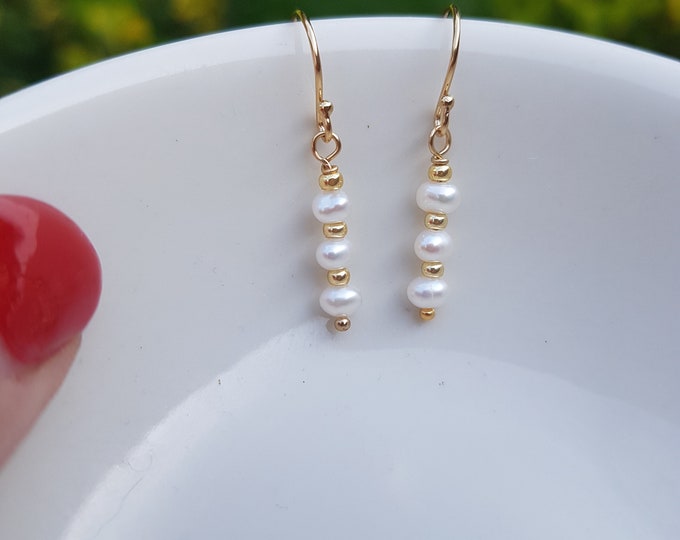 Tiny Freshwater pearl earrings Sterling Silver or Gold Fill tiny seed pearl drop earrings June Birthstone jewellery gift for girl girlfriend