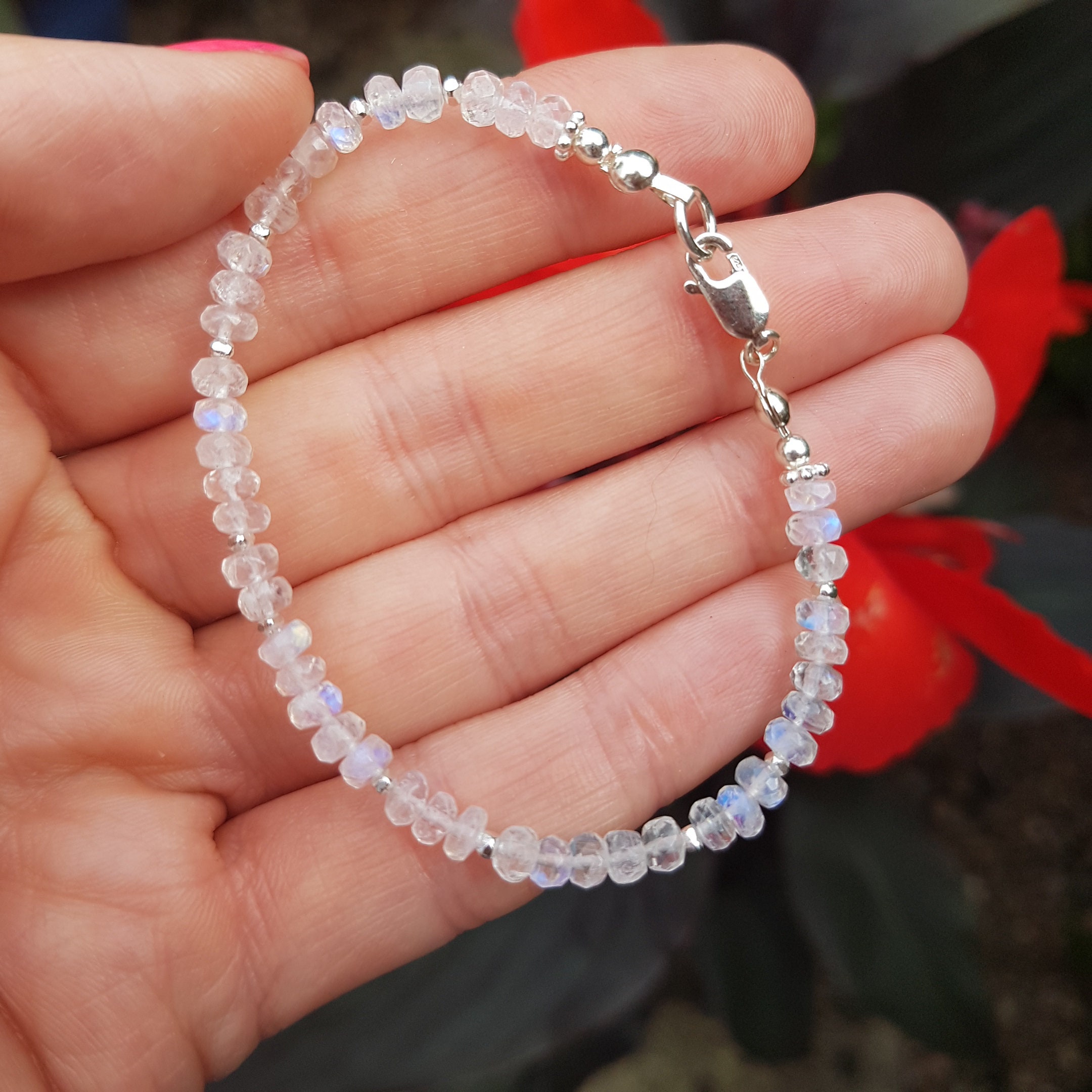 Moonstone Bracelet Genuine Moonstone Jewelry 5 mm 7 inch Long by Gemswholesale Natural White Crystal Stones Sterling Silver Tiny Beads