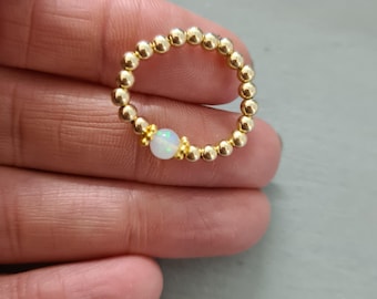Ethiopian OPAL stretch Ring Sterling Silver or 14K Gold Fill tiny gemstone bead Ring OCTOBER Birthstone jewellery gift 14th anniversary gift