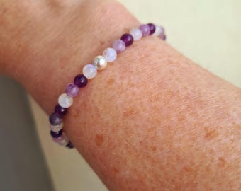 Menopause bracelet Moonstone Lepidolite & AMETHYST stretch Bracelet 925 Silver tiny gemstone bead Bracelet Crystal Healing Mothers day gift