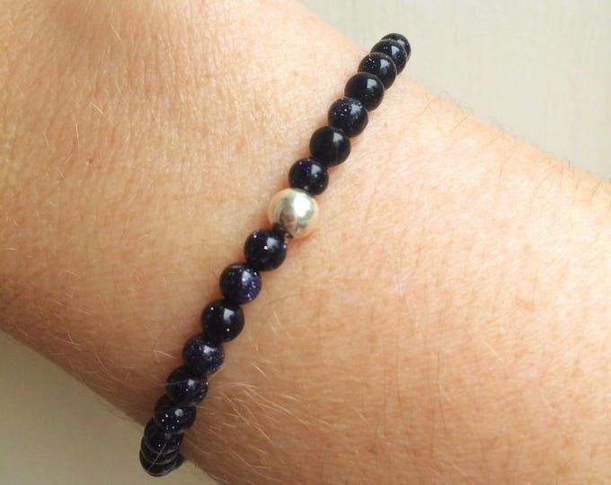 Blue black Goldstone stretch Bracelet Sterling Silver Gold Fill tiny 4mm Black gemstone bead Bracelet throat Chakra healing jewellery gift