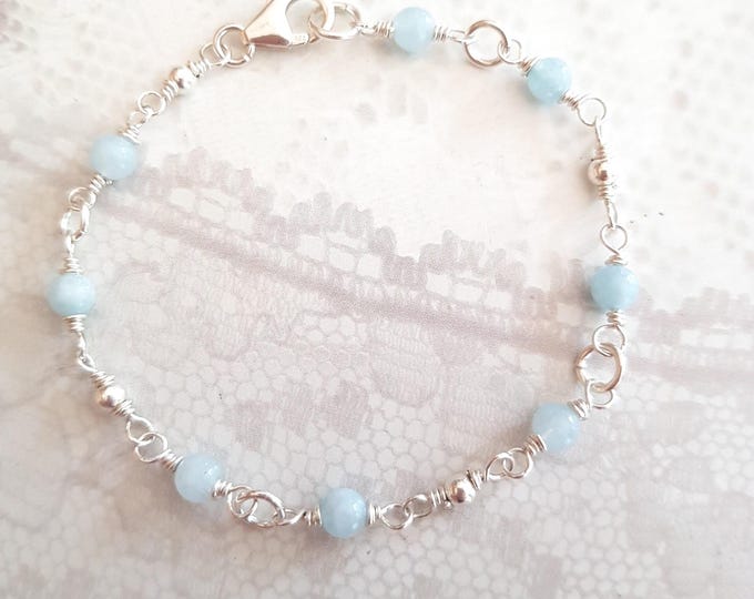 Tiny AQUAMARINE Bracelet Sterling Silver Gold 4mm real Aquamarine blue gemstone Bead Bracelet March Birthstone jewellery gift throat chakra