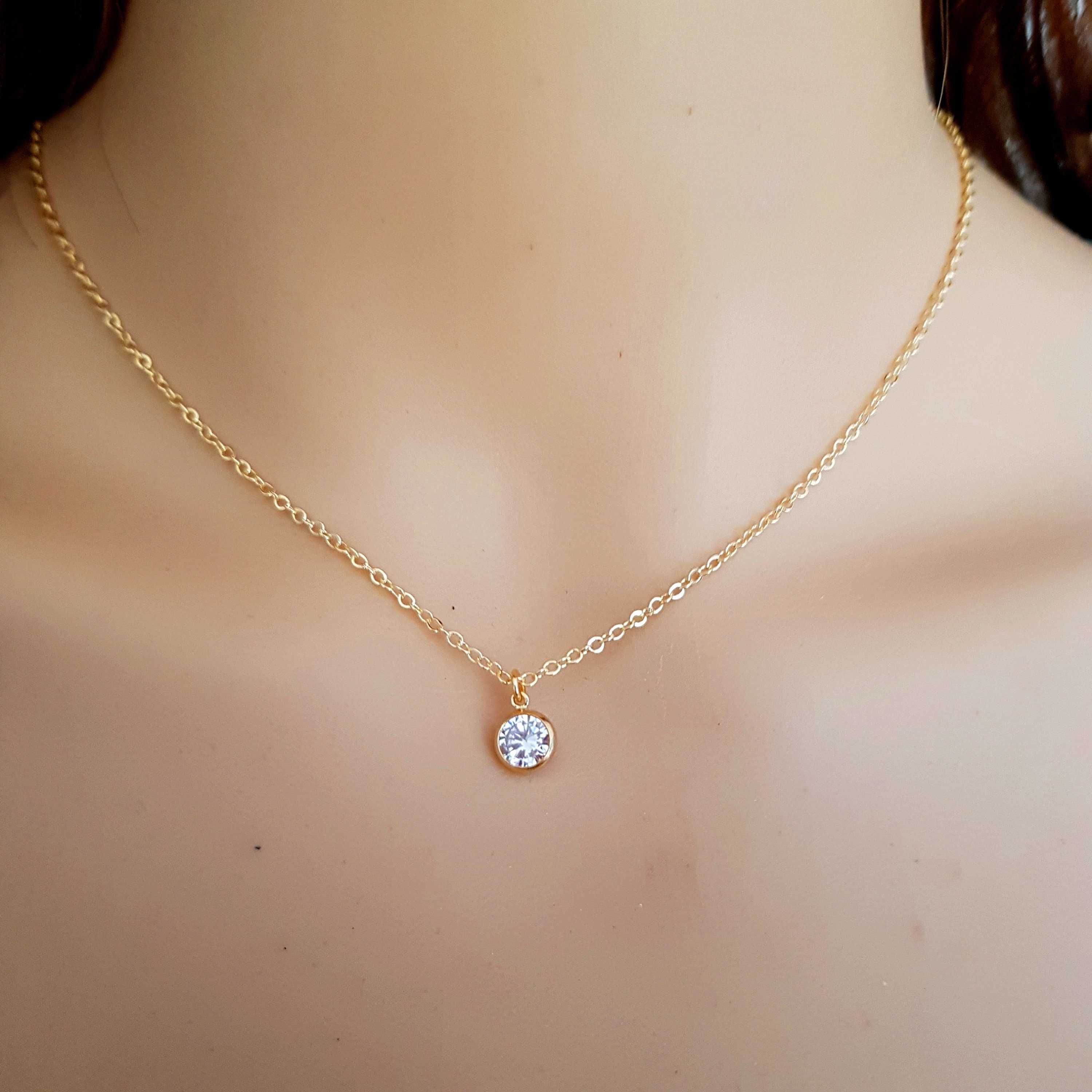 Tiny Gold fill CZ diamond necklace choker clear Cubic Zirconia pendant Tiny Gold fill CZ diamond necklace choker clear Cubic Zirconia pendant