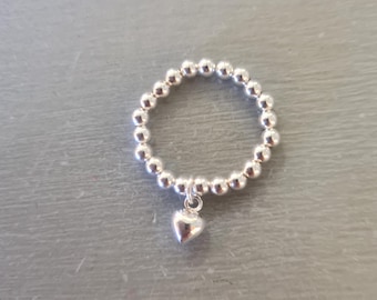 STERLING SILVER STRETCH heart ring - Sterling Silver beaded ring - Arthritis friendly ring -  Sterling Silver jewellery gift for her mum nan