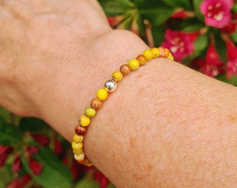 YELLOW JASPER gemstone bead STRETCH Bracelet with Sterling Silver or 14K Gold Fill accent bead - Solar Chakra Yoga jewellery gift