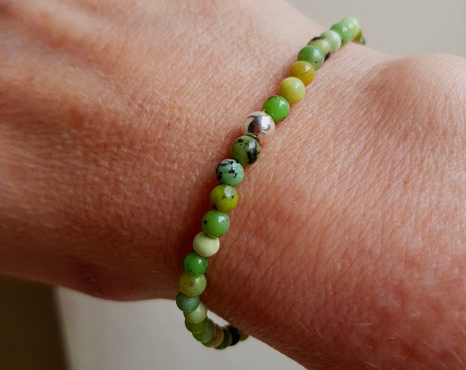 CHRYSOPRASE stretch bead Bracelet with Sterling Silver or Gold Fill accent bead - May Birthstone Jewellery - Chakra  Healing gift